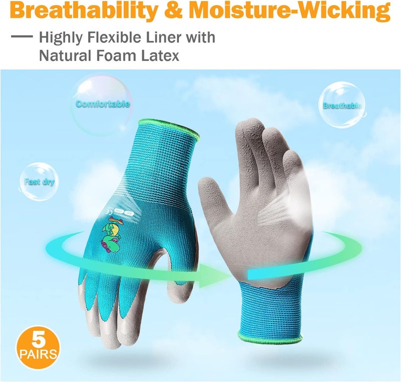 KDK 5 Pairs Kids Gardening Gloves Yard Work Gloves Children Soft Safety Rubber Coated Glove for Toddlers Youth Girls Boys Children (3-5yr S) - Image 3